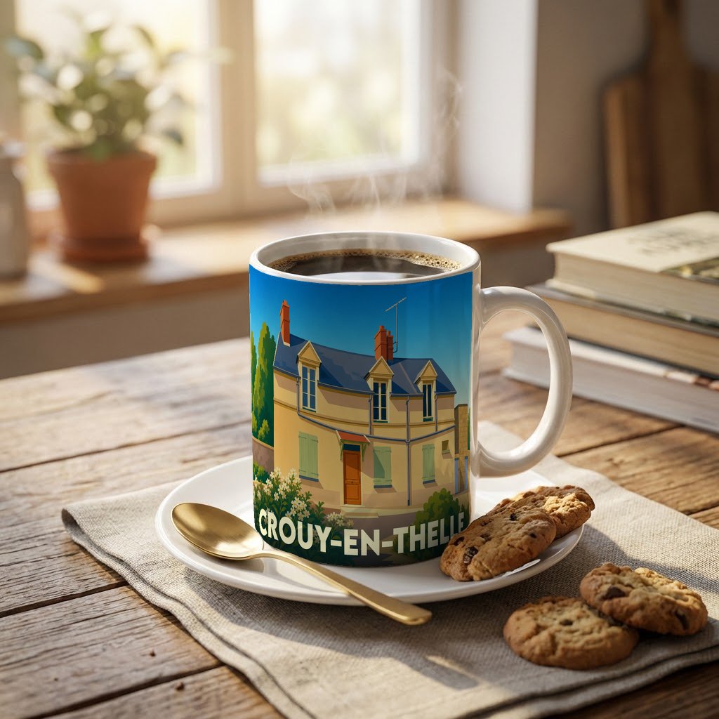 Mug souvenir de la ville de Crouy-en-Thelle avec une illustration stylisée d'une maison traditionnelle.