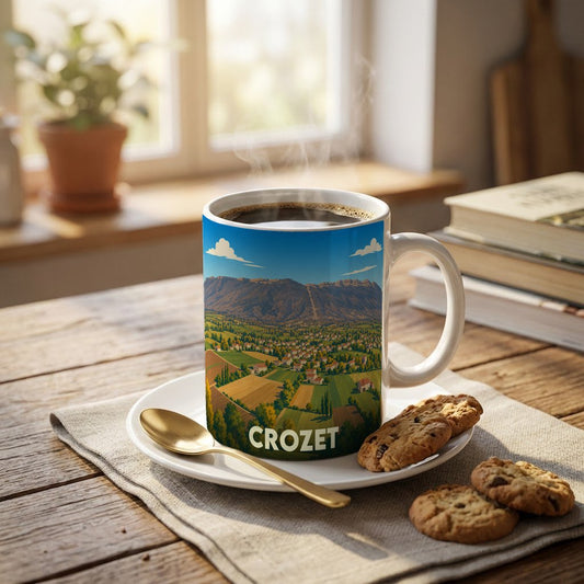 Mug souvenir de la ville de Crozet orné d'une illustration paysagère stylisée.