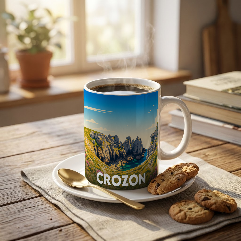 Mug souvenir de la ville de Crozon avec une illustration stylisée de ses falaises côtières.