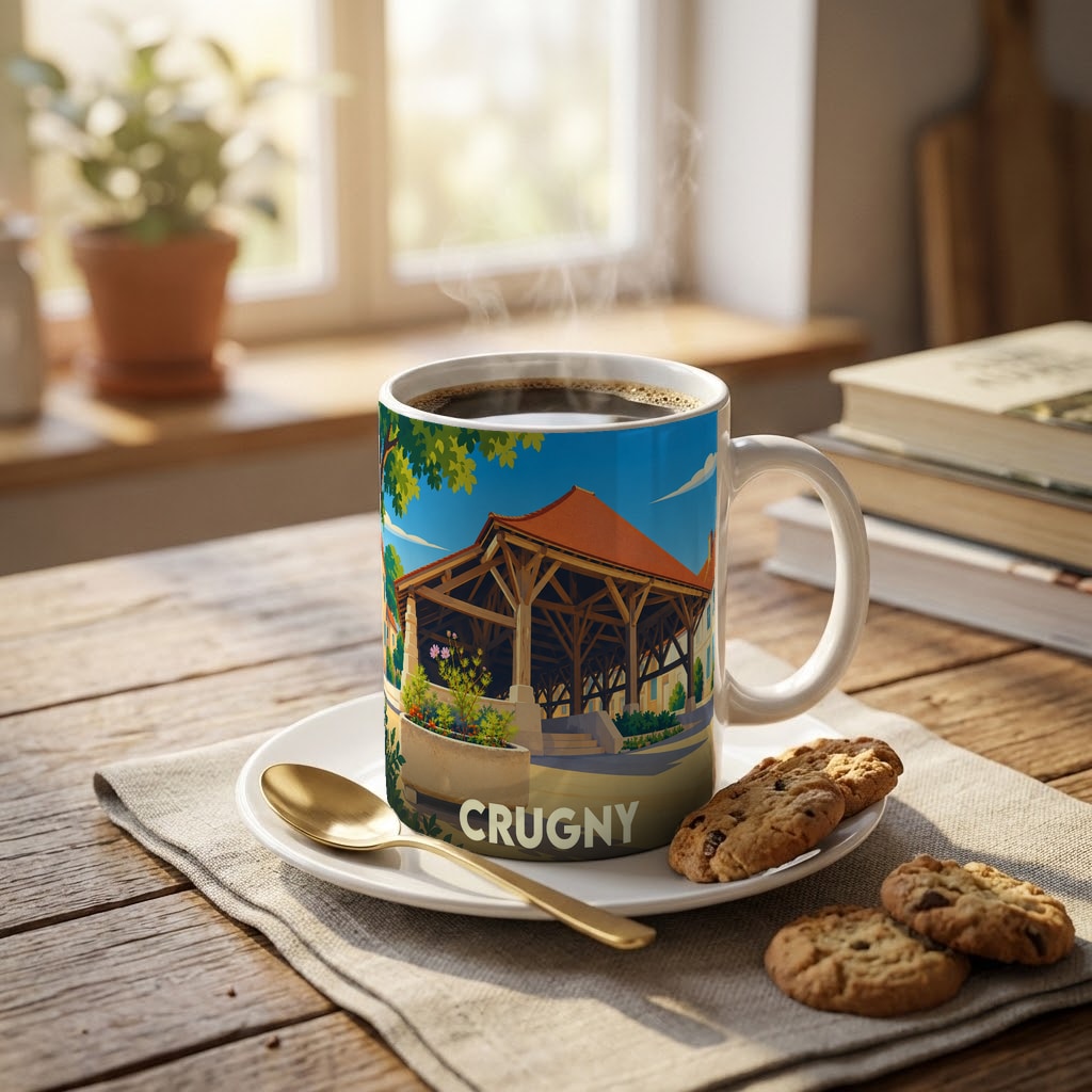Mug souvenir de la ville de Crugny avec une illustration stylisée de ses halles historiques.