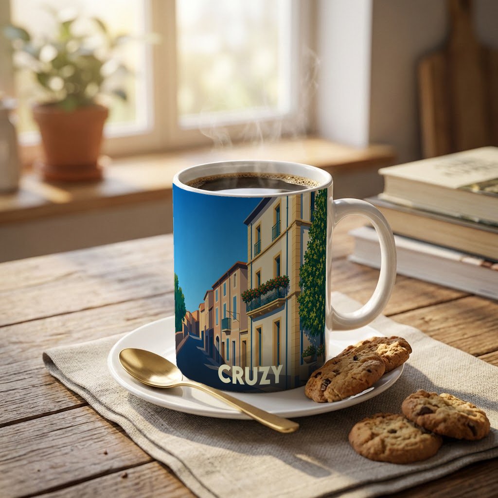 Mug souvenir de la ville de Cruzy avec une illustration stylisée de ses rues pittoresques.