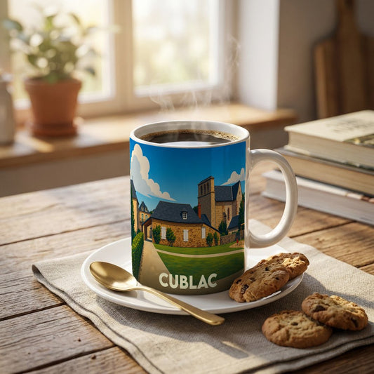 Mug souvenir de la ville de Cublac orné d'une illustration stylisée de son architecture traditionnelle.