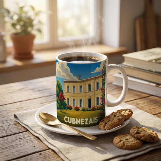 Mug souvenir de la ville de Cubnezais avec une illustration stylisée d'un domaine viticole.