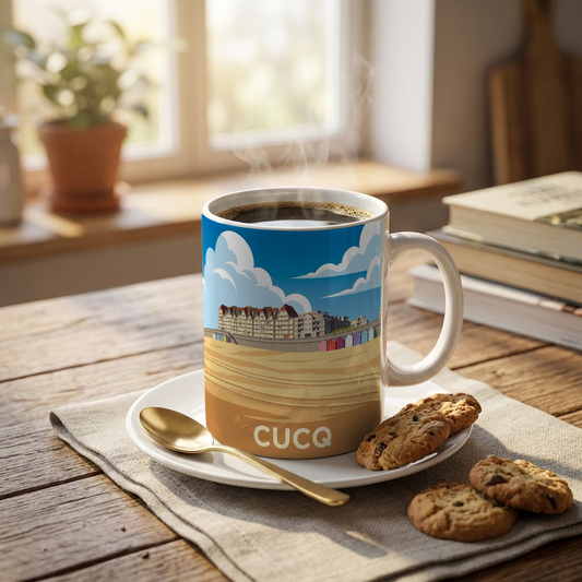Mug souvenir de la ville de Cucq avec une illustration stylisée.