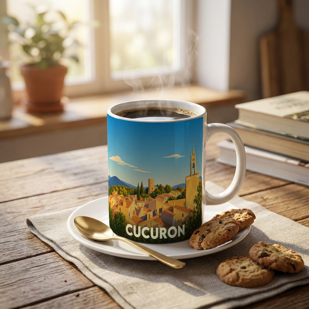Mug souvenir de la ville de Cucuron avec une illustration stylisée et colorée.