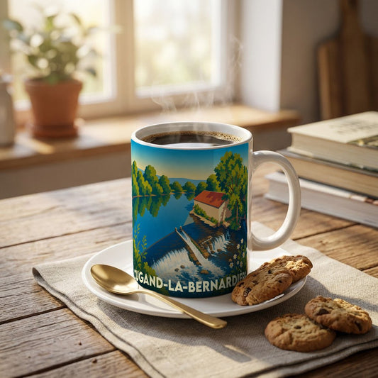 Mug souvenir de la ville de Cugand-la-Bernardière avec une illustration stylisée d'un paysage de rivière et d'un moulin.