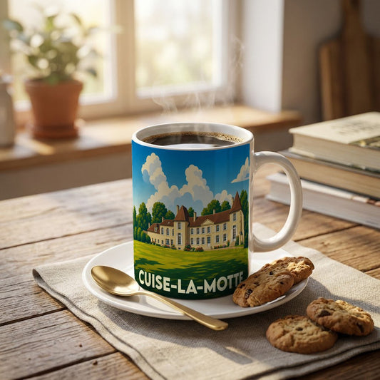 Mug souvenir de la ville de Cuise-la-Motte orné d'une illustration stylisée de son château.