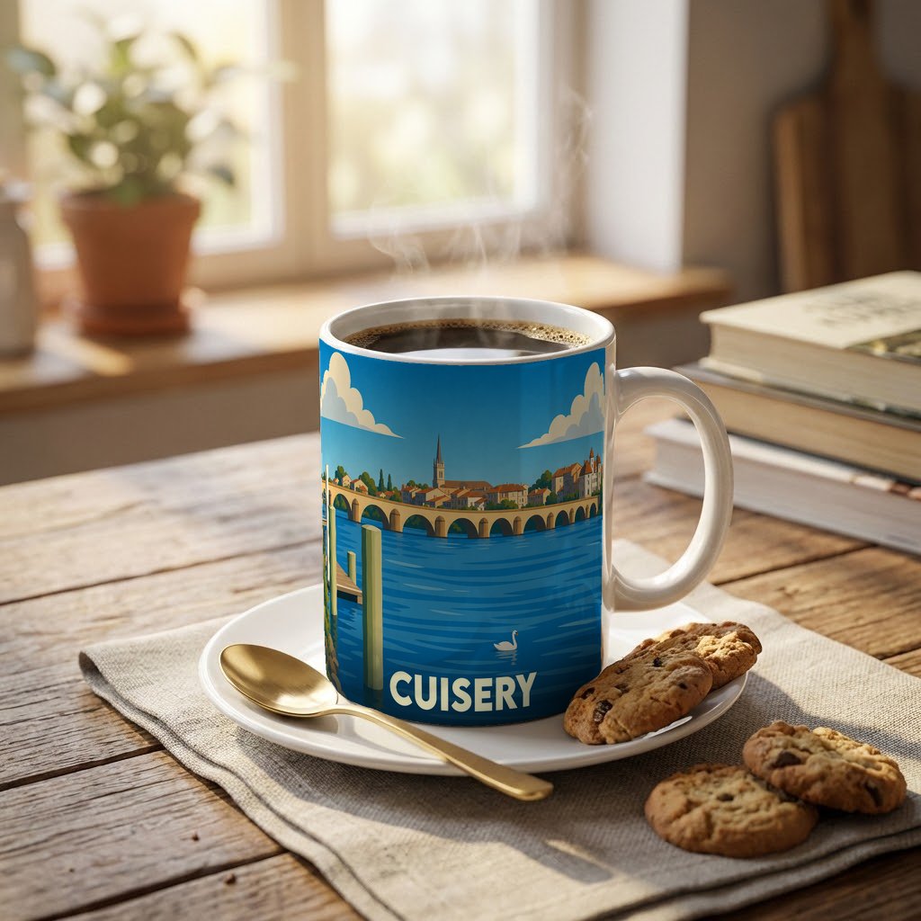 Mug souvenir de la ville de Cuisery avec une illustration stylisée d'un pont en bord de rivière.