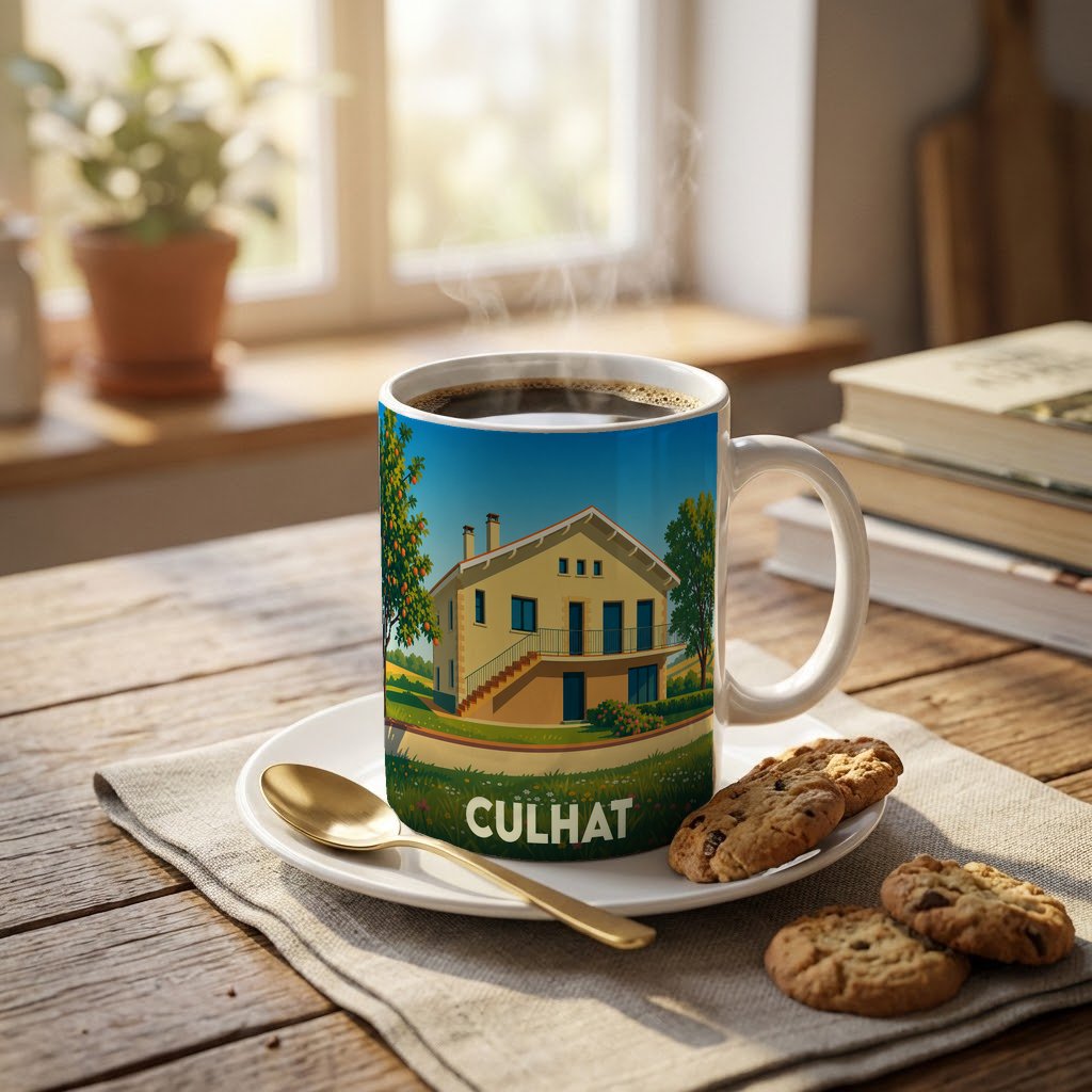 Mug souvenir de la ville de Culhat orné d'une illustration stylisée d'une maison de campagne.