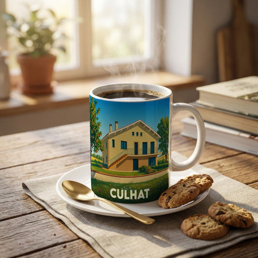 Mug souvenir de la ville de Culhat orné d'une illustration stylisée d'une maison de campagne.