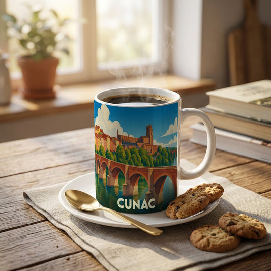 Mug souvenir de la ville de Cunac orné d'une illustration stylisée de son pont et de son église.