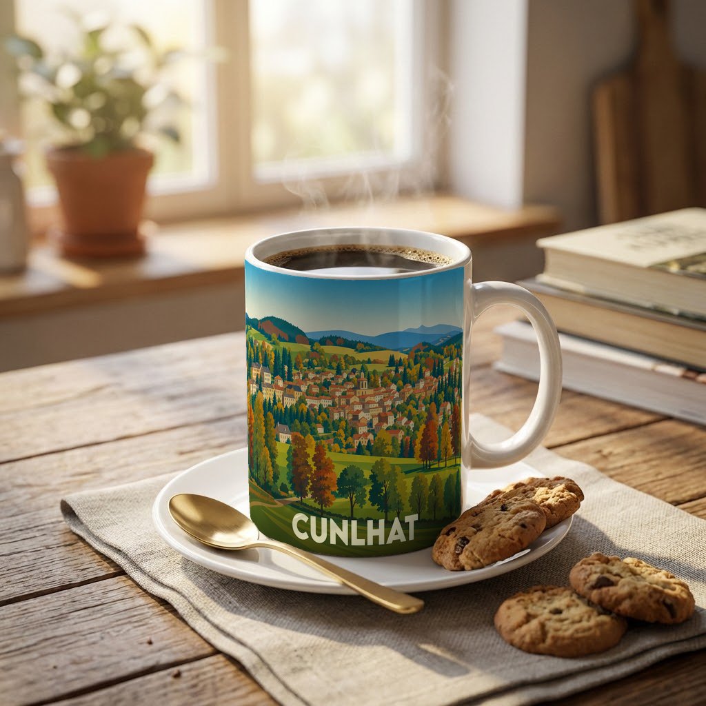 Mug souvenir de la ville de Cunlhat orné d'une illustration paysagère stylisée.