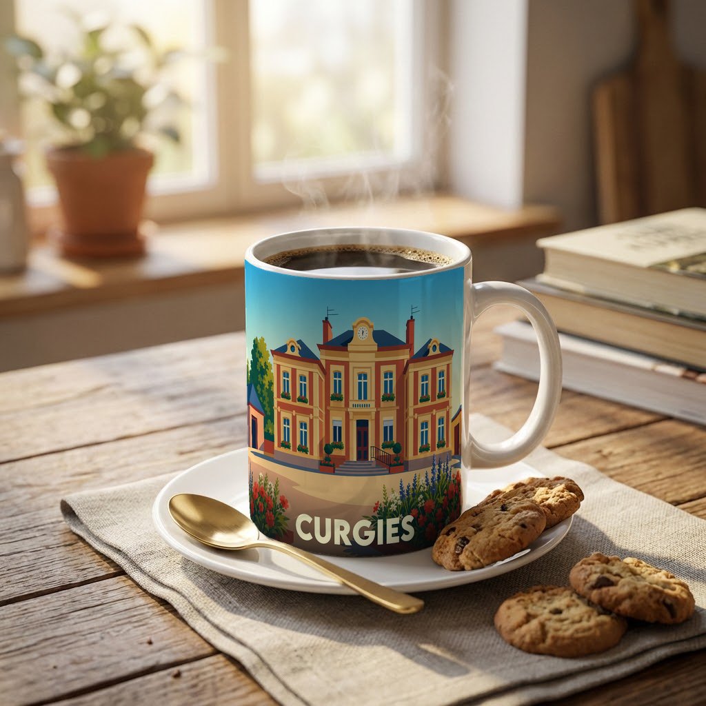 Mug souvenir de la ville de Curgies illustré par un bâtiment classique coloré.