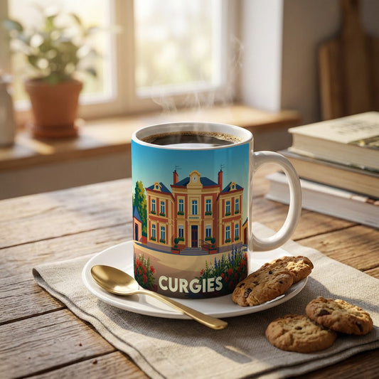 Mug souvenir de la ville de Curgies illustré par un bâtiment classique coloré.