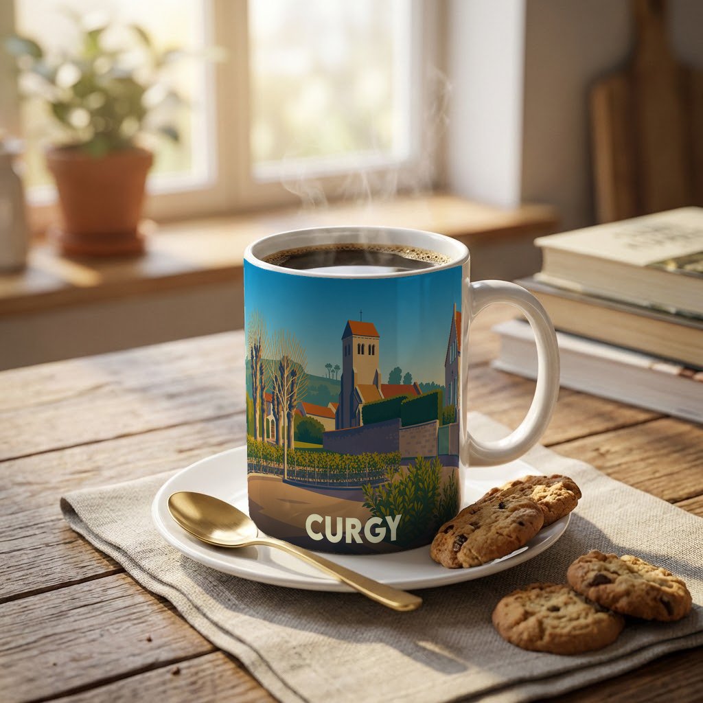 Mug souvenir de la ville de Curgy orné d'une illustration stylisée de son église et de son paysage.