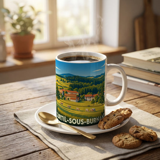Mug souvenir de la ville de Curtil-sous-Burnand orné d'une illustration de paysage rural.