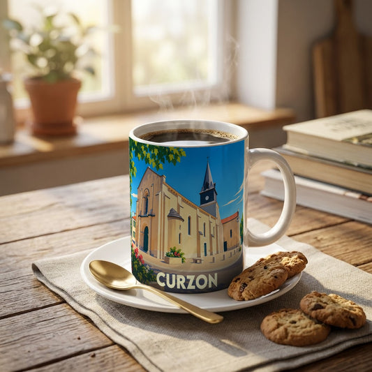 Mug souvenir de la ville de Curzon orné d'une illustration stylisée de son église.