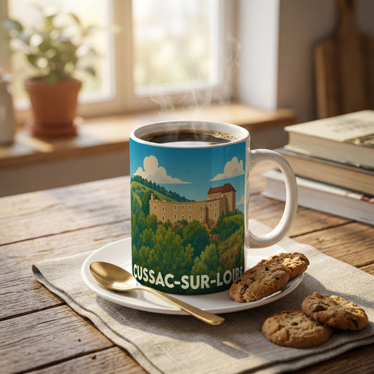 Mug souvenir de la ville de Cussac-sur-Loire avec une illustration stylisée d'un château.
