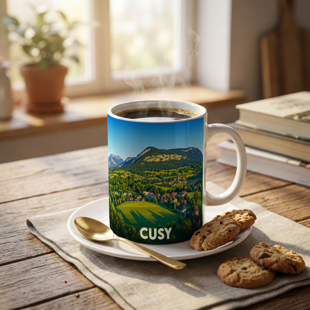 Mug souvenir de la ville de Cusy avec une illustration stylisée d'un paysage montagneux.