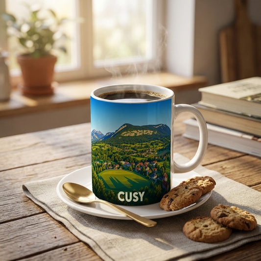 Mug souvenir de la ville de Cusy avec une illustration stylisée d'un paysage montagneux.