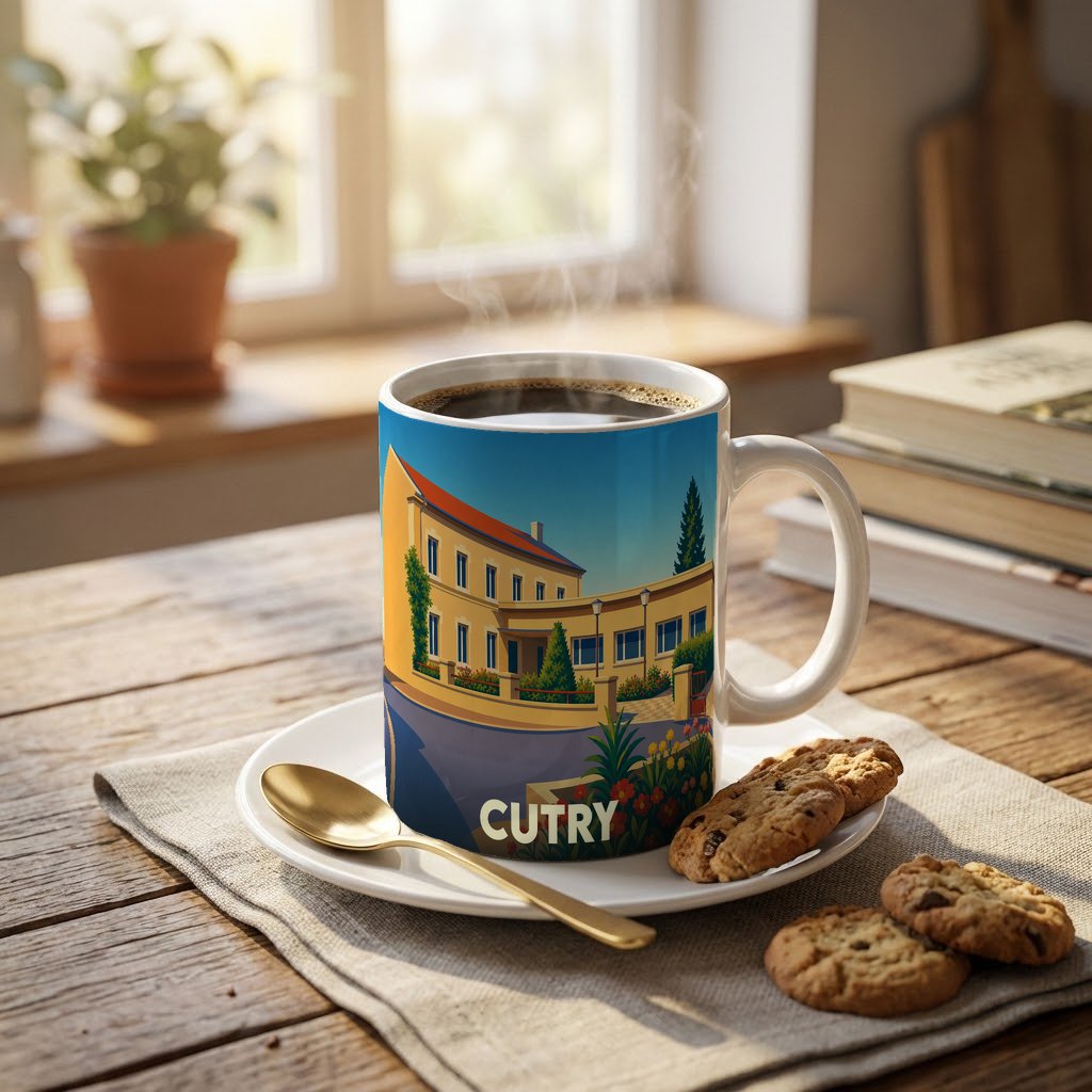 Mug souvenir de la ville de Cutry orné d'une illustration stylisée de ses bâtiments.