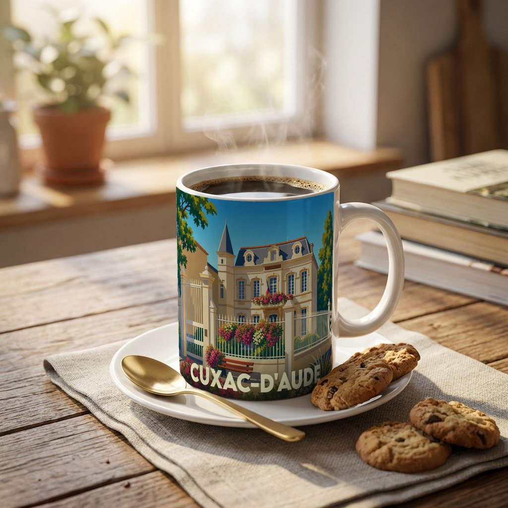 Mug souvenir de la ville de Cuxac-d'Aude avec une illustration stylisée d'un bâtiment historique.