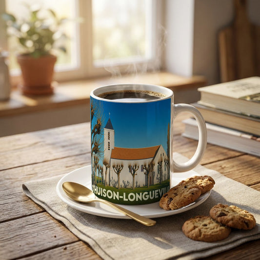 Mug souvenir de la ville de D'Huison-Longueville avec une illustration stylisée de son église.