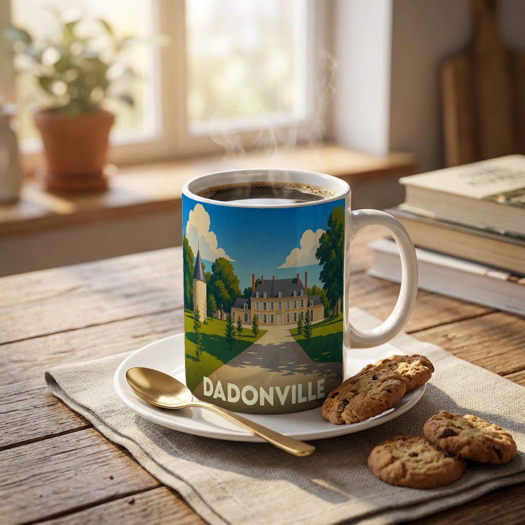 Mug souvenir de la ville de Dadonville orné d'une illustration stylisée représentant un château.