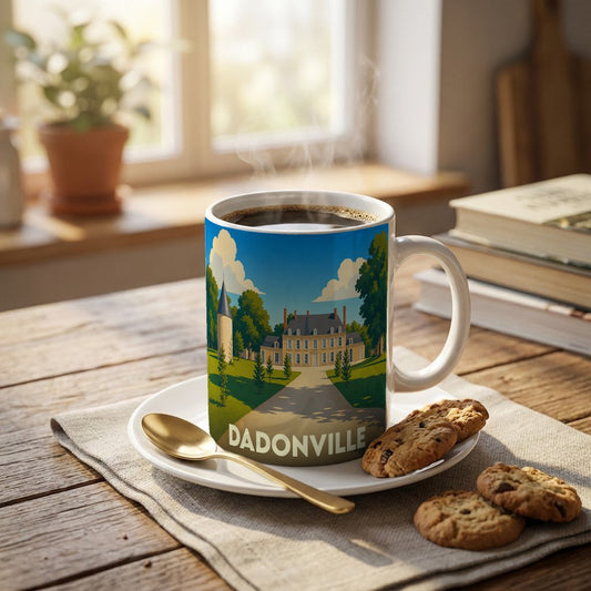 Mug souvenir de la ville de Dadonville orné d'une illustration stylisée représentant un château.