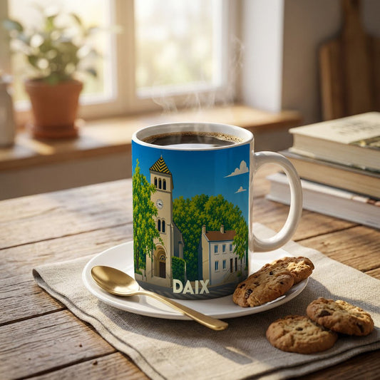 Mug souvenir de la ville de Daix orné d'une illustration stylisée de son église et de ses environs.