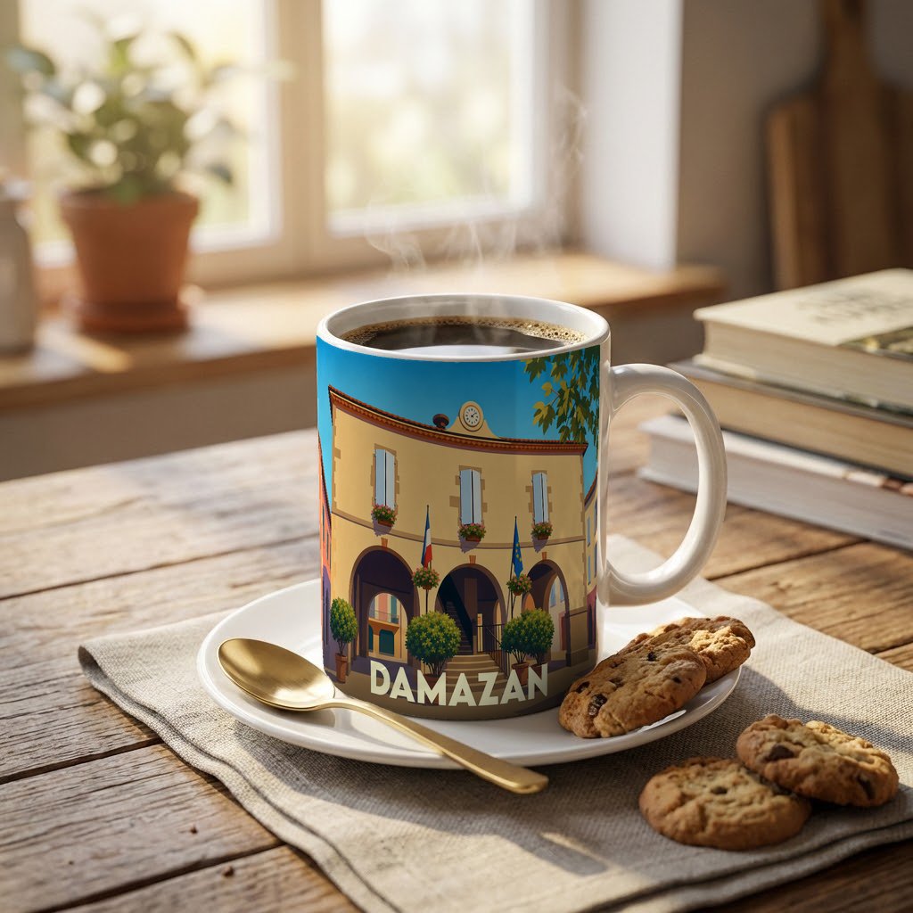 Mug souvenir de la ville de Damazan illustré d'un dessin stylisé de sa mairie.