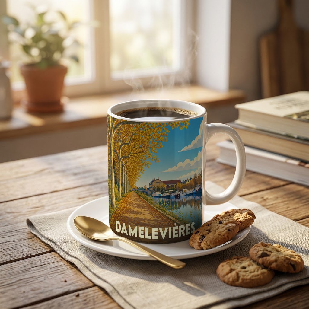 Mug souvenir de la ville de Damelevières avec une illustration automnale stylisée.