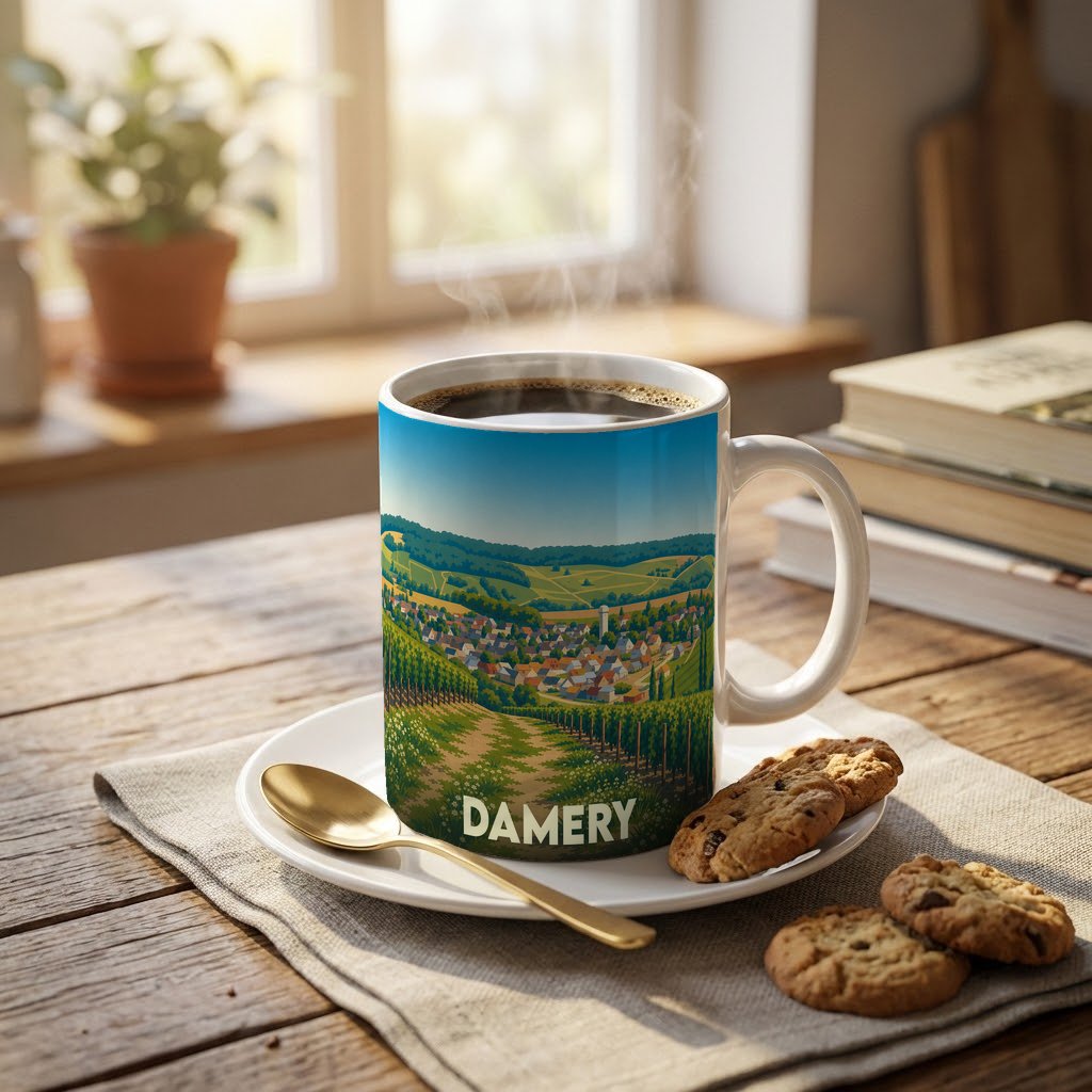 Mug souvenir de la ville de Damery avec une illustration stylisée de son vignoble et du village.