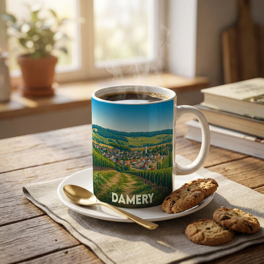 Mug souvenir de la ville de Damery avec une illustration stylisée de son vignoble et du village.