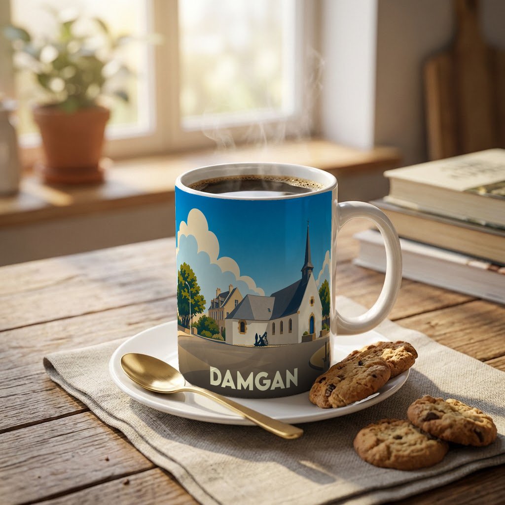 Mug souvenir de la ville de Damgan illustré d'un paysage urbain stylisé avec une église.