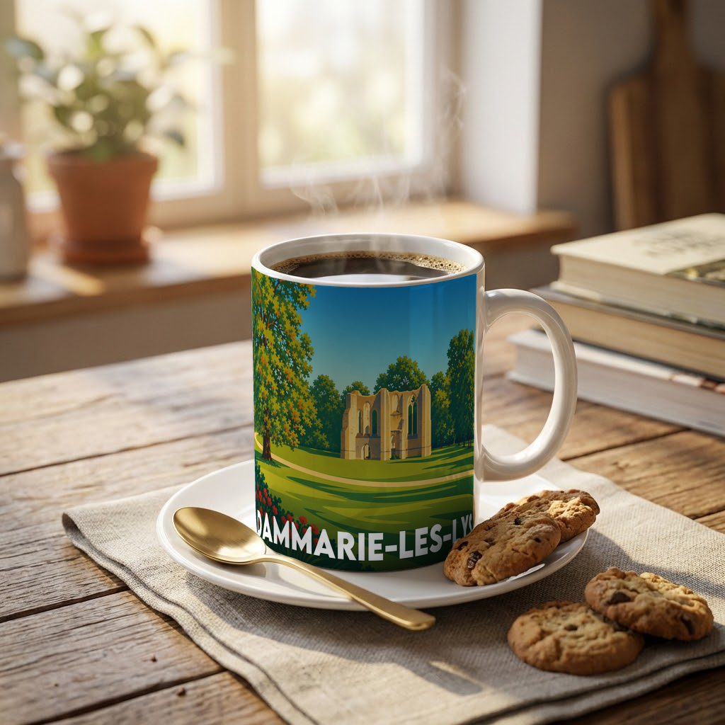 Mug souvenir de la ville de Dammarie-les-Lys avec une illustration stylisée.