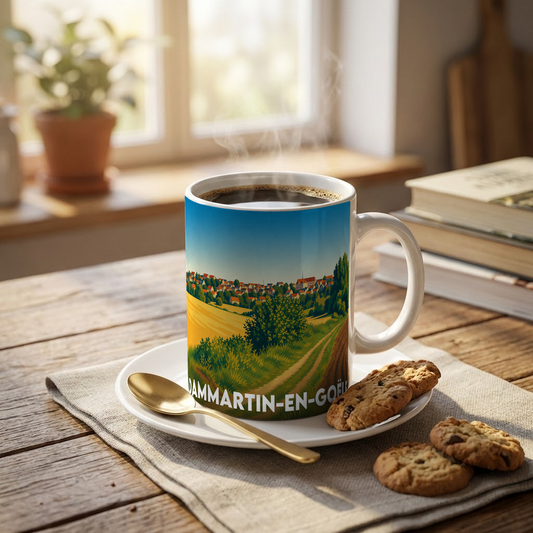 Mug souvenir de la ville de Dammartin-en-Goële avec une illustration paysagère stylisée.