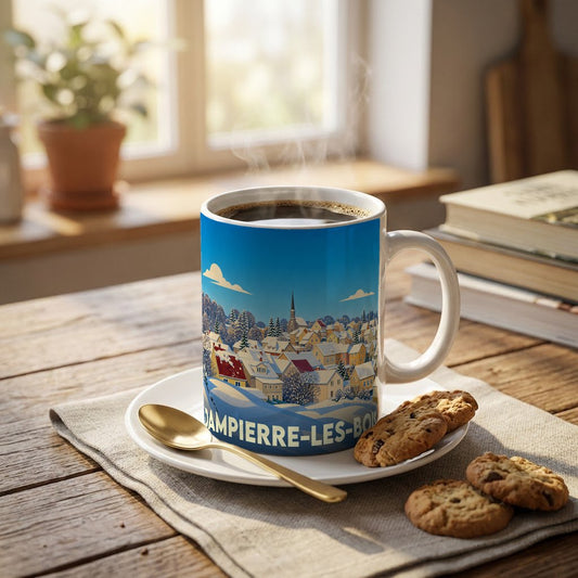 Mug souvenir de la ville de Dampierre-les-Bois avec une illustration hivernale stylisée.