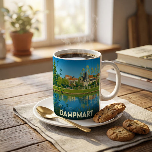 Mug souvenir de la ville de Dampmart illustré d'un paysage urbain au bord de l'eau.