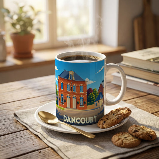 Mug souvenir de la ville de Dancourt avec une illustration colorée et stylisée de son architecture.