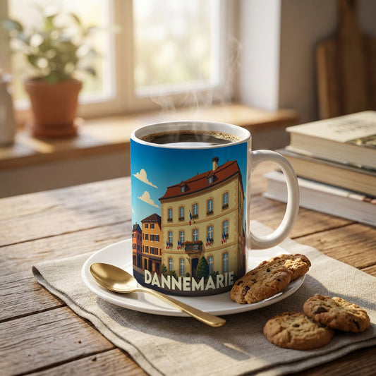 Mug souvenir de la ville de Dannemarie orné d'une illustration stylisée de son architecture locale.