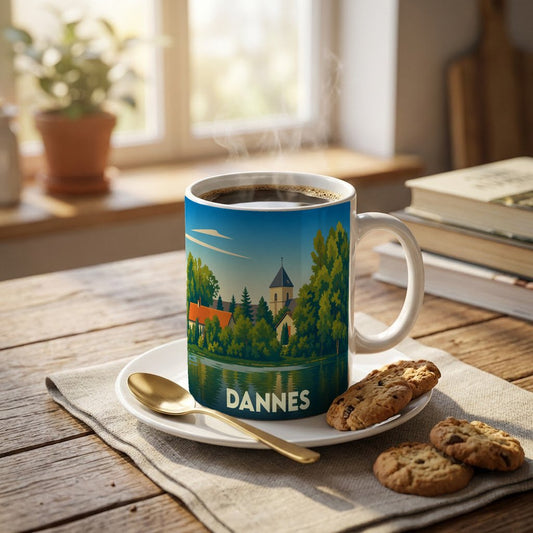 Mug souvenir de la ville de Dannes avec une illustration stylisée d'un paysage lacustre.