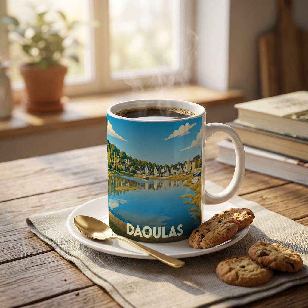 Mug souvenir de la ville de Daoulas orné d'une illustration stylisée de son paysage côtier.