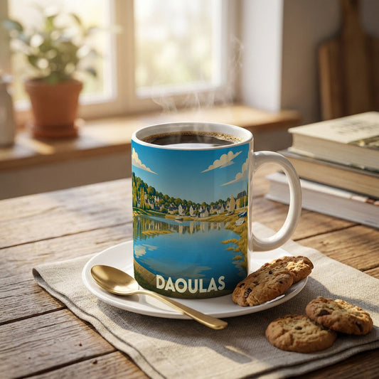 Mug souvenir de la ville de Daoulas orné d'une illustration stylisée de son paysage côtier.