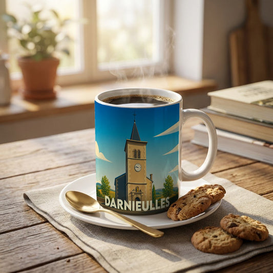 Mug souvenir de la ville de Darnieulles avec une illustration stylisée de son église.