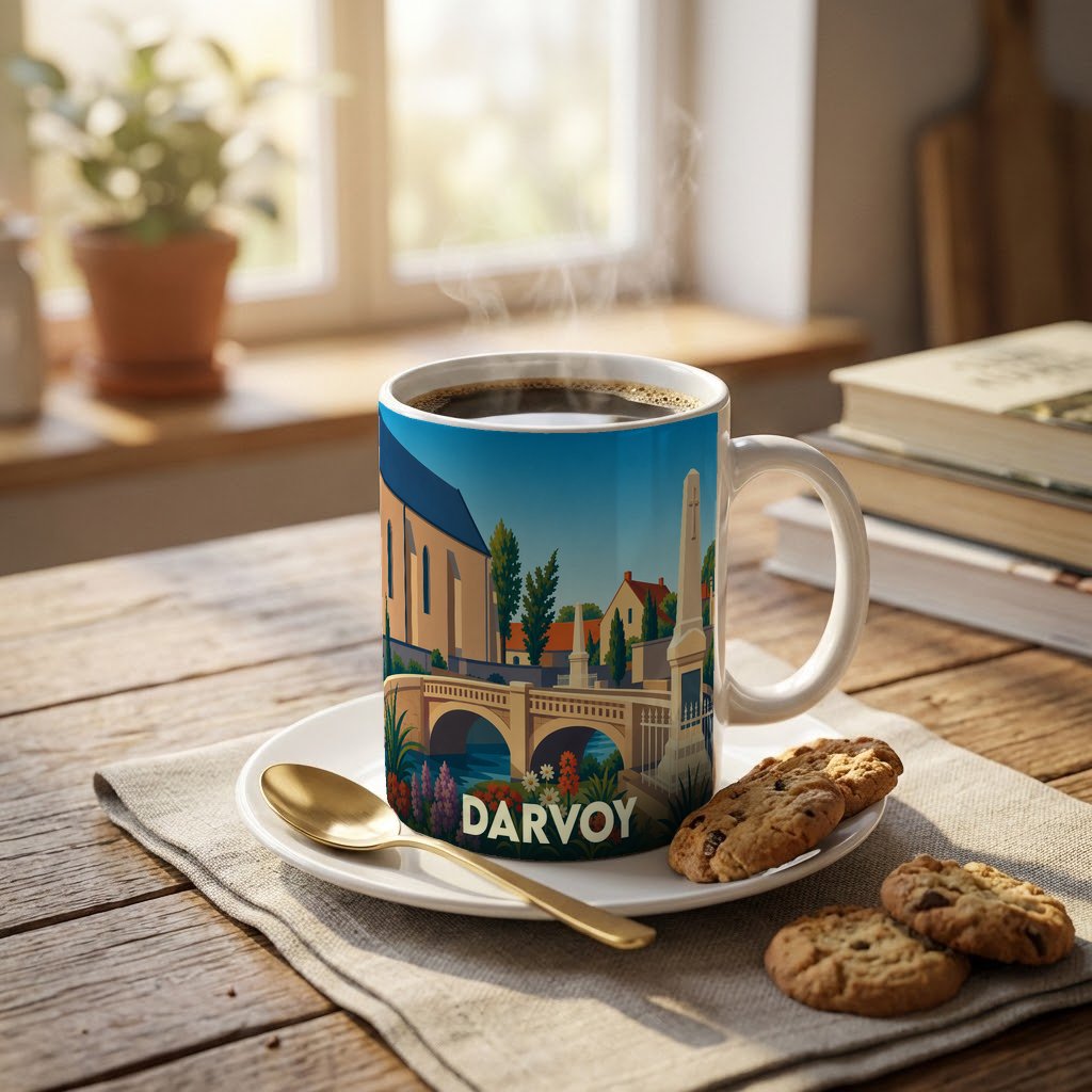 Mug souvenir de la ville de Darvoy orné d'une illustration stylisée de son patrimoine.