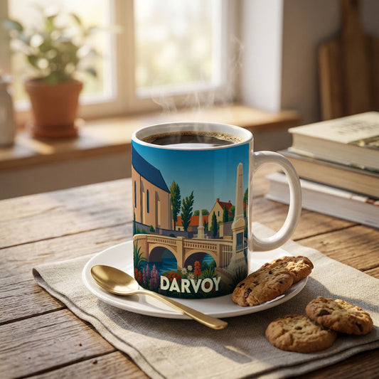 Mug souvenir de la ville de Darvoy orné d'une illustration stylisée de son patrimoine.
