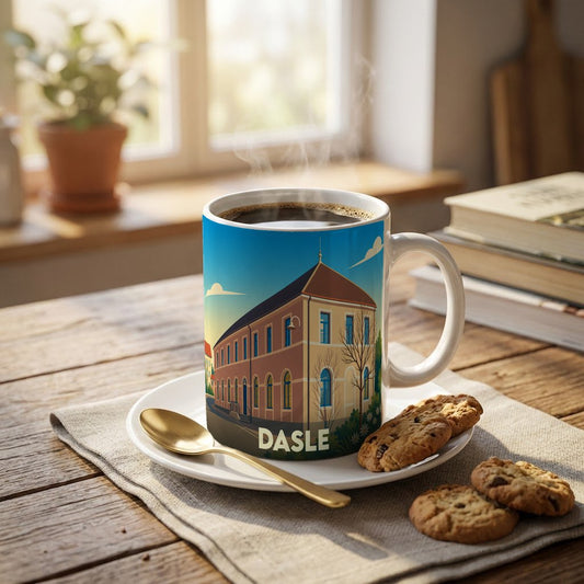 Mug souvenir de la ville de Dasle orné d'une illustration stylisée de son architecture.