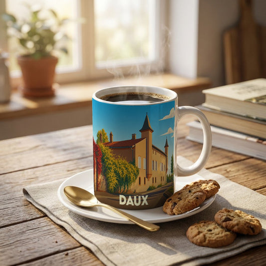 Mug souvenir de la ville de Daux orné d'une illustration stylisée d'un château.