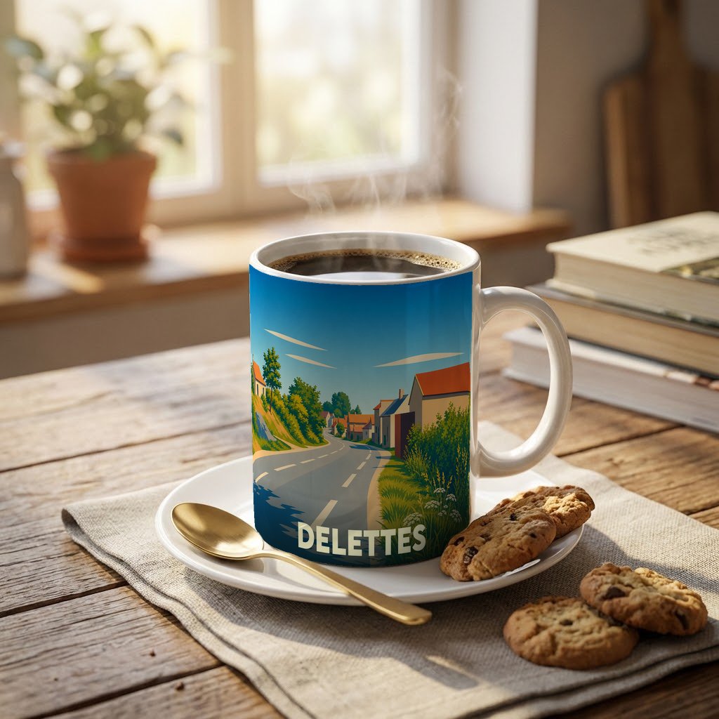 Mug souvenir de la ville de Delettes orné d'une illustration de paysage de village stylisée.